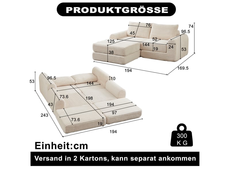 Canapé convertible 2-en-1 modulable en velours côtelé, avec 2 coussins, pouf amovible et accoudoirs incurvés - beige - Conforama C