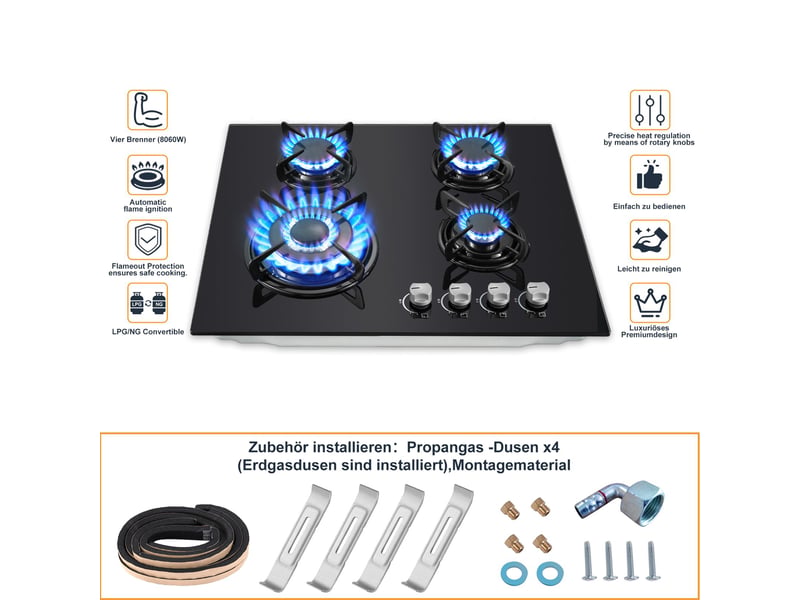  Plaque de cuisson gaz 4 feux, table de cuisson gaz encastrable 60 cm, verre trempé, allumage électronique, 8060 w  - Conforama W