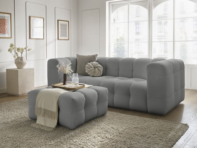 Bobochic canapé droit fixe 3 places cloud tissu mesh avec pouf gris clair CLOUD - Conforama B