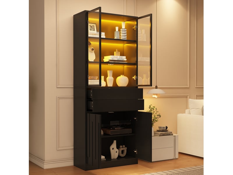  Vitrine led 70x34x180 cm avec 2 tiroirs panneau de particules noir  - Conforama B