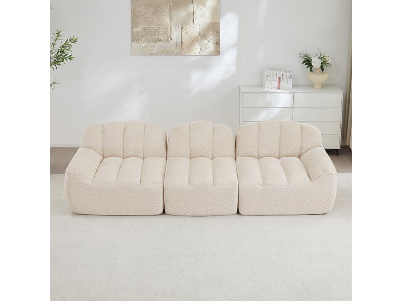  Canapé droit coquille 3 places bouclette beigeblanc – 288 x 104 x 79 cm Fay Lum - Conforama B