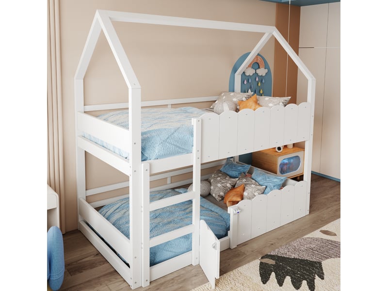 Lit superposé enfant 90x200 cm, avec forme de maison, barrières surélevées, un seul sommier, bois blanc, sans matelas - Conforama D