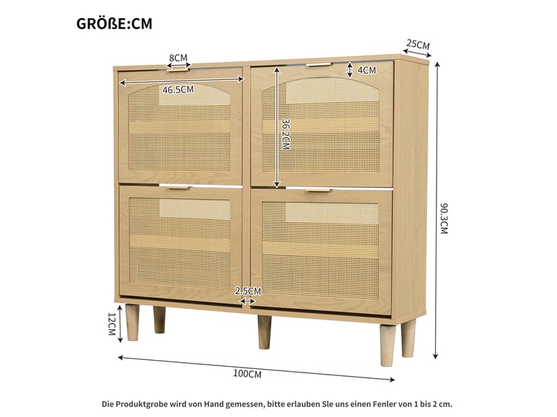  Meuble à chaussures ulevr à 4 abattants, rangement étroit 100 x 25 x 90 cm, panneaux de particules et portes en rotin, chêne clair  - Conforama C