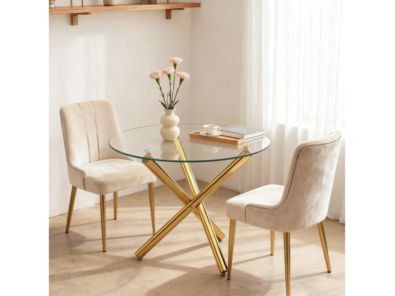  Table à manger ronde 80 x 80 x 76 cm, verre trempé, pieds en métal doré  - Conforama B