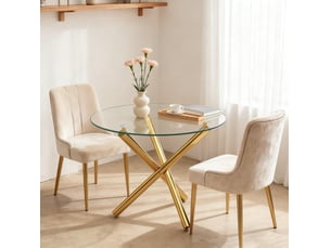 Table à manger ronde 80 x 80 x 76 cm, verre trempé, pieds en métal doré