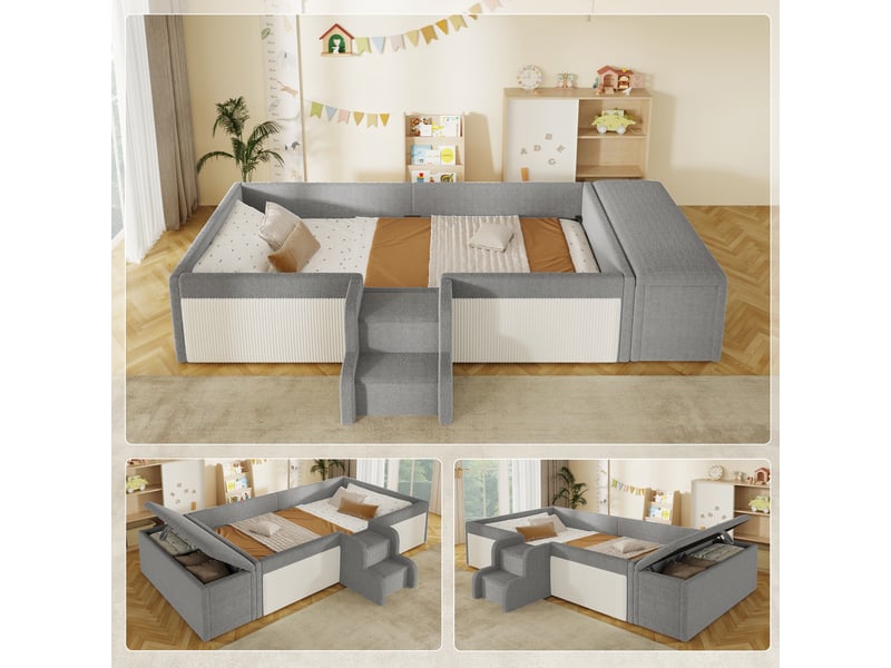  Lit capitonné 90x190 cm avec petit escalier et banc coffre mobile, bouclé, gris  - Conforama B