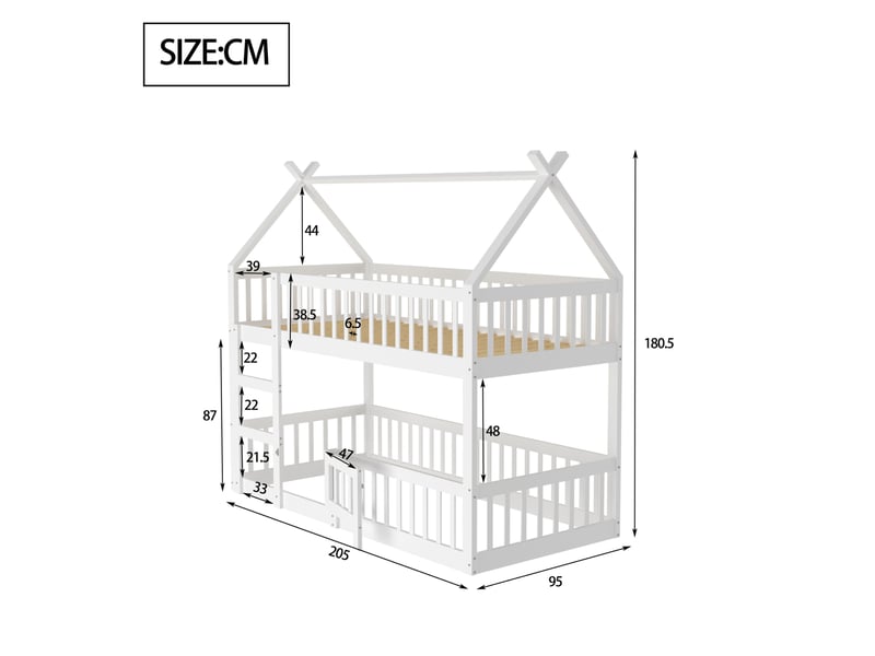 Lit superposé 90x200cm, lit cabane, escalier intégré, 1 sommier et barrières, lit enfant, en bois+mdf, blanc, sans matelas - Conforama C