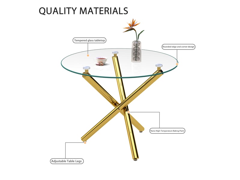 Table à manger ronde en verre trempé – piètement métal doré – ø 80 x h 76 cm  - Conforama E