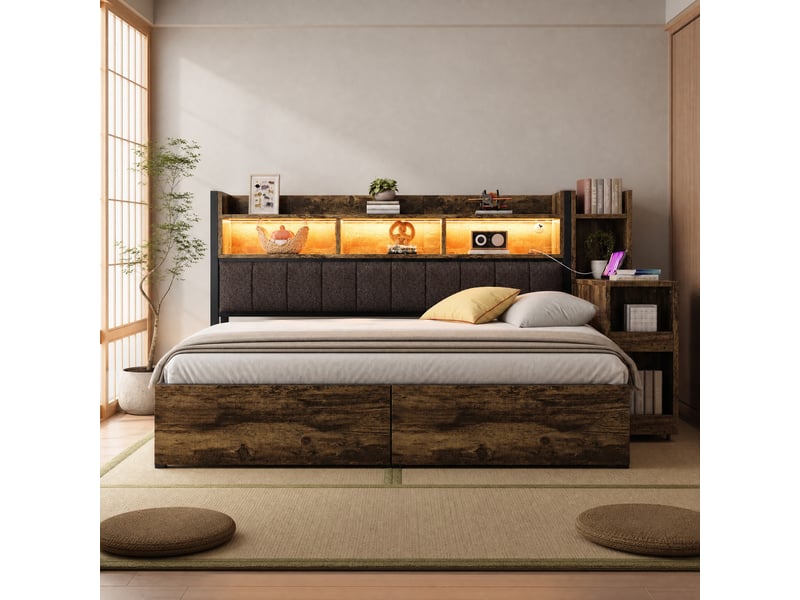 Lit multifonction 90x200 cm avec rangements, bureau coulissant, prises et led - Conforama D