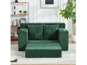 Canapé convertible 2 places 151x133x64 cm vert émeraude en velours côtelé, porte-gobelet et poches latérales