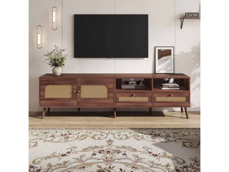  Meuble tv - 200x37x49.5 cm pour téléviseur 80 pouces avec 2 portes en rotin - 2 tiroirs - lowboard 8 pieds - marron  - Conforama B