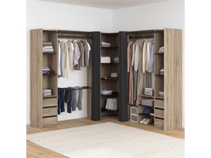Dressing extensible d'angle marlon 220 x 220 x 180 cm hêtre avec penderies + porte pantalon + étagères + tiroirs + rideaux noirs