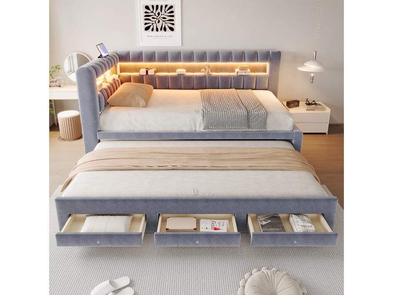  Lit banquette rembourré - 90x190 cm - convertible - tiroirs de rangement - rangements intégrés - éclairage led - port usb - gris CozyNest - Conforama C