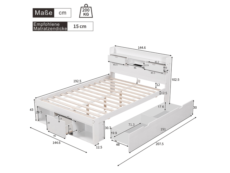  Lit double 140x190 cm avec tiroirs, rangements et ports de recharge, coloris blanc  - Conforama C