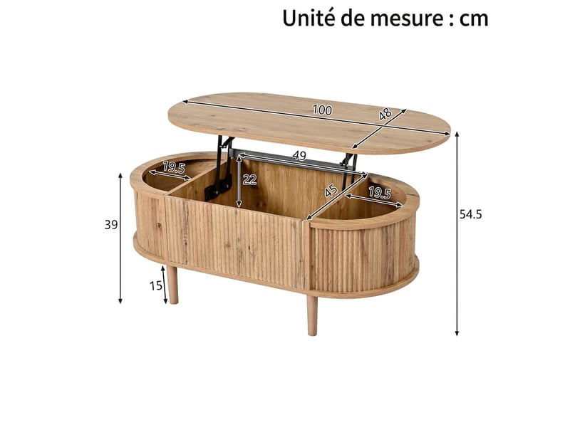  Table basse ovale avec rangement, plateau relevable, finition chêne naturel, 100 x 48 x 54,5 cm  - Conforama C