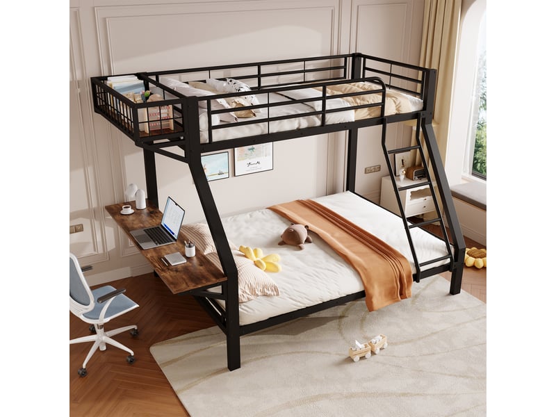  Lit superposé 90x200140x200cm avec bureau, rangement ouvert, garde-corps et échelle, couchages sans matelas, structure en métal noir evarich - Conforama E