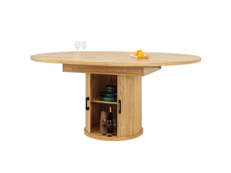  Table à manger extensible ovale 118-158x118x76.8 cm, 4 à 6 personnes, 2 portes coulissante incurvée, rangement à 2 niveaux, naturel  - Conforama A