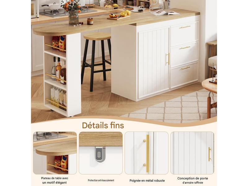  Table de bar pivotante avec rangements en mdf et métal blanc 128-203x39x90 cm - pangivo  - Conforama D