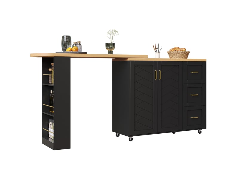Meuble bar extensible avec 2 portes, 3 tiroirs, 1 panier et roulettes, pour cuisine et salon, 135 × 39 × 104 cm - Conforama A