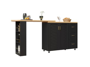 Meuble bar extensible avec 2 portes, 3 tiroirs, 1 panier et roulettes, pour cuisine et salon, 135 × 39 × 104 cm