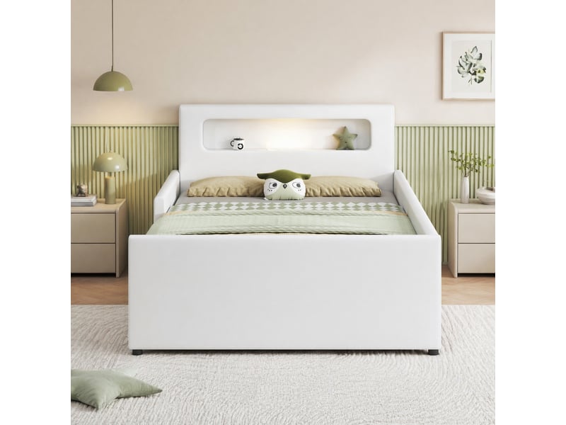  Lit enfant 90x200 cm avec rangement, veilleuse led et port usb, blanc  - Conforama C