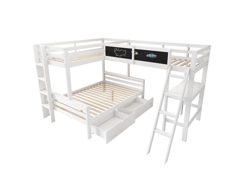  Lit superposé enfant 3 couchages avec bureau rangement pin blanc 140x200+90x200 cm avec tiroirs et étagère  - Conforama D