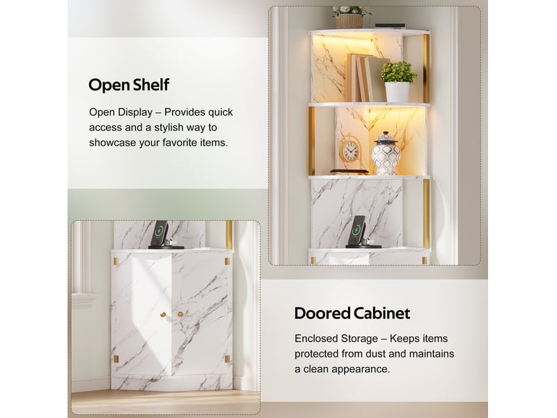  Meuble d'angle avec portes et niches ouvertes, rangement vertical, style marbre, pour cuisine et salon, mdf blanc, 38 × 38 × 180 cm  - Conforama E