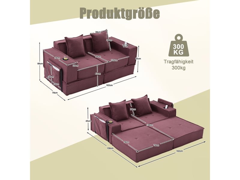  Canapé 2 places ulevr modulaire en velours côtelé rouge bordeaux avec poches latérales, porte-gobelets et 2 coussins, 162 x 78 x 66 cm  - Conforama C
