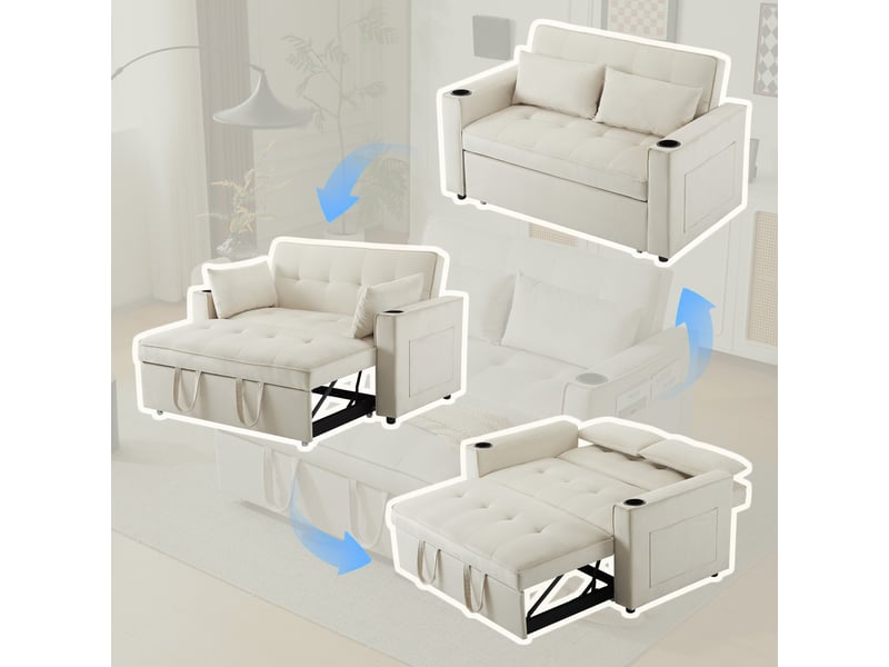 Canapé 2 places en velours multifonction avec fonction de couchage,canapé-lit pliant avec porte-gobelet et oreillers,pour salon chambre cinéma maison,137x76.5x83cm,beige 137x76.5x83cm - Conforama B