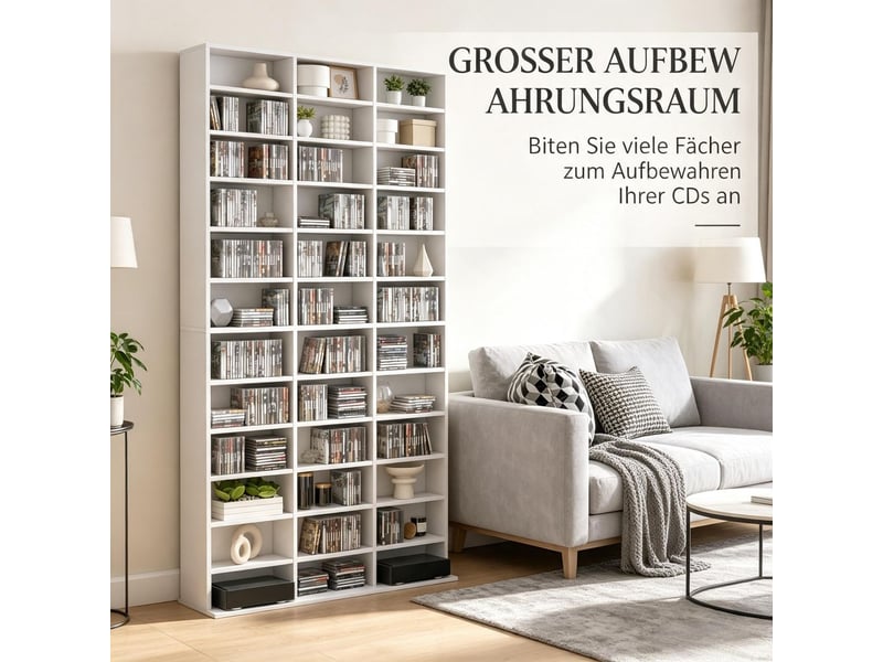  Meuble de rangement pour cd, jusqu’à 1116 cd, 528 dvd, en mdf, blanc, étagères réglables sur 3 niveaux, fixation murale incluse, charge maximale totale recommandée de 50 kg  - Conforama E