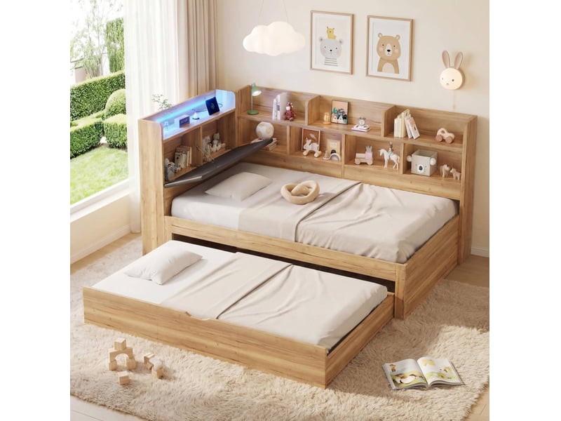 Lit enfant avec lit gigogne 90 x 200 cm naturel, led, usb et type-c - Conforama C