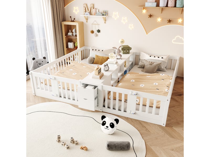  Lit superposé enfant 90x200 cm, bois blanc avec rangements centraux et tiroirs pratiques  - Conforama E