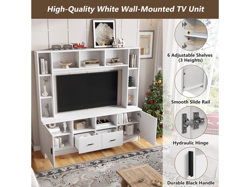  Meuble tv blanc, ensemble meuble tv mural avec 11 niches, 2 placards et 2 tiroirs, pour téléviseur jusqu'à 60 pouces  - Conforama R
