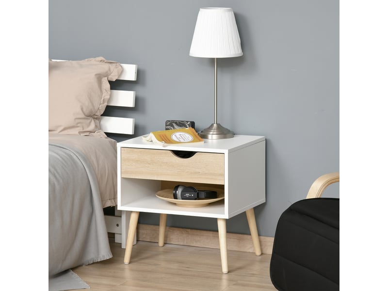  Table de chevet, table de nuit, avec tiroir, design moderne, pieds en bois massif, 50 x 39 x 51 cm, blanc et bois naturel  - Conforama A