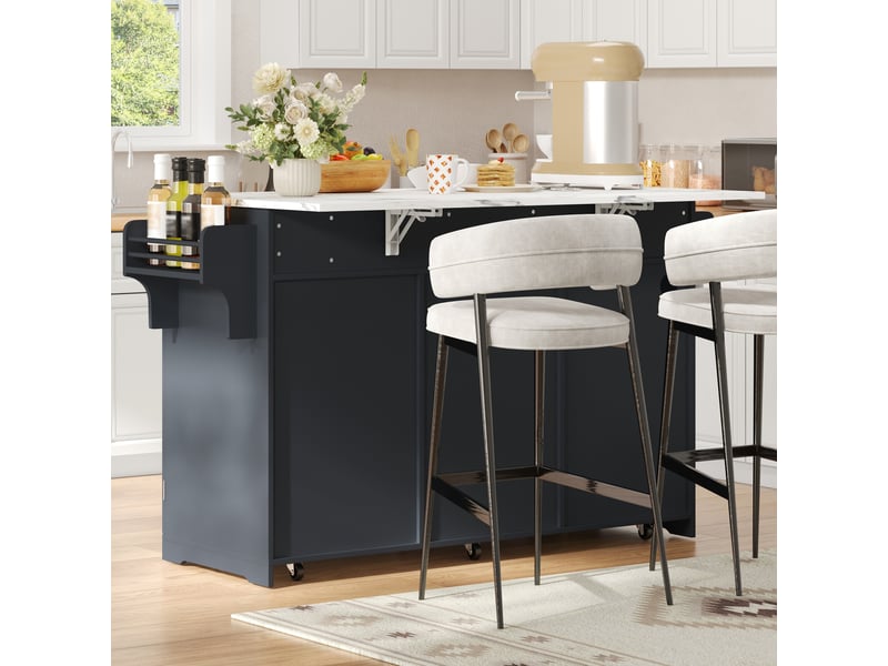  Îlot de cuisine sur roulettes avec plateau rabattable, armoire à poubelle et 3 tiroirs, gris, 136x75x92 cm  - Conforama W