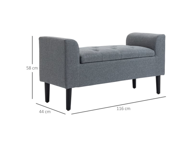  Banc coffre gris clair aspect lin, rangement, pieds en bois, charge 130 kg, 116x44x58 cm  - Conforama C