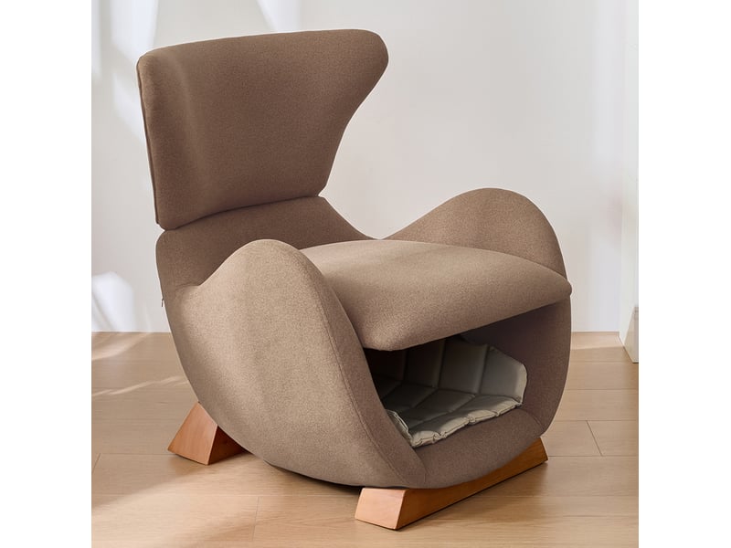  Fauteuil lounge 66x55x76 cm, requin-baleine, niche intégrée, ergonomique, bois, tissu résistant anti-rayures marron  - Conforama B
