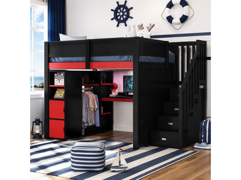  Lit mezzanine gaming 140 x 200 cm noir + rouge avec bureau, rangements, led et port usb  - Conforama C