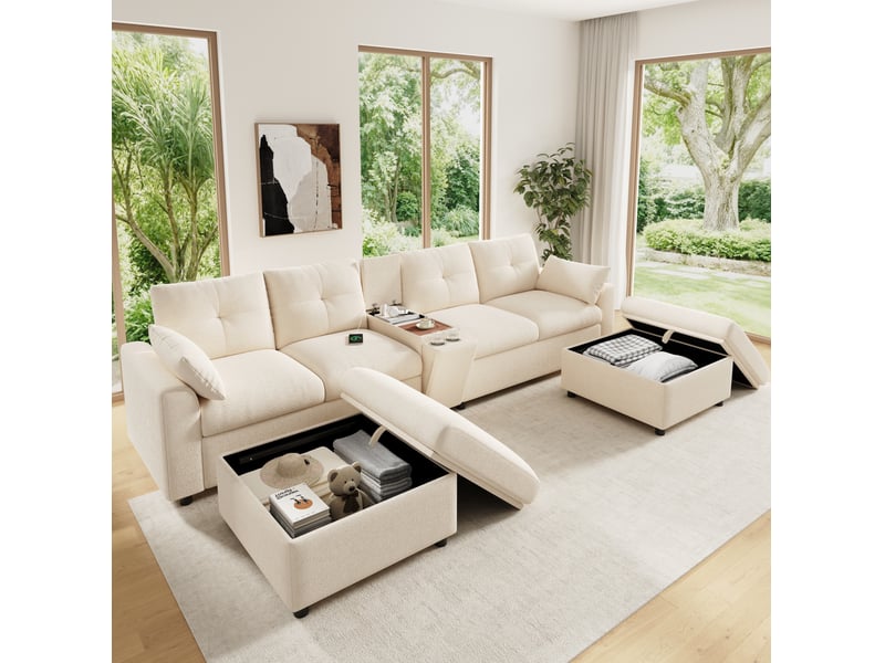  Canapé d'angle modulaire 6 places ul, 2 tabourets de rangement, console centrale avec rangement, tiroir coulissant et porte-gobelets rétractables, usb et type-c, chenille, beige  - Conforama C