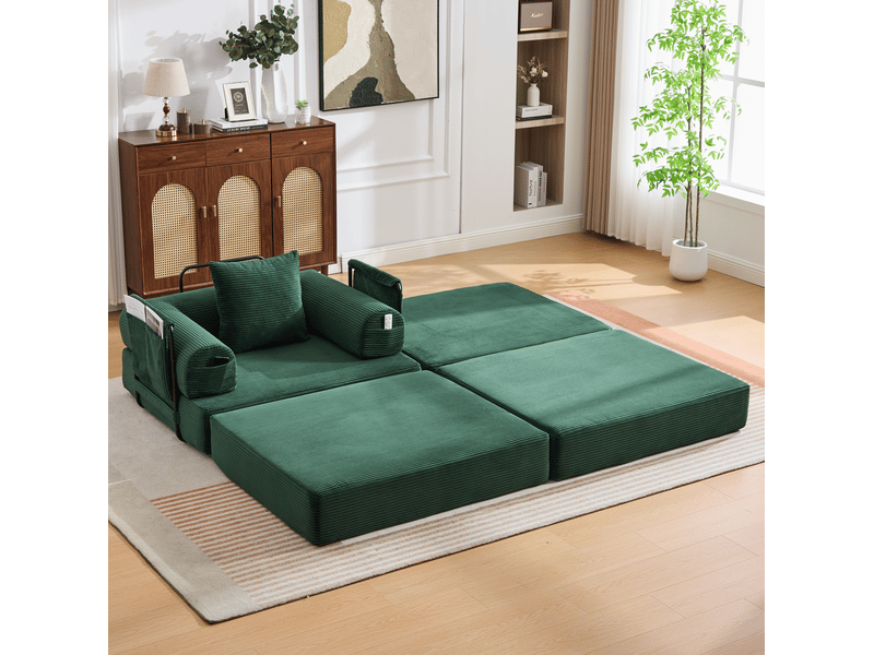Fauteuil modulable modenvie en velours côtelé vert émeraude avec repose-pieds et coussin 112 x 190 x 67 cm - Conforama D