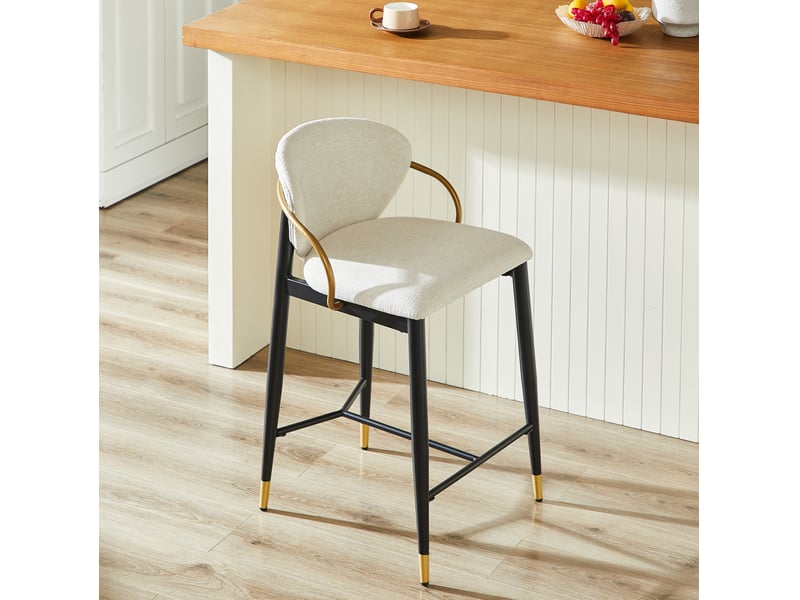  Lot de 2 tabourets de bar 57x52x87 cm, hauteur réglable, dossier confort, repose-pied, métal et chenille, noir et beige  - Conforama D