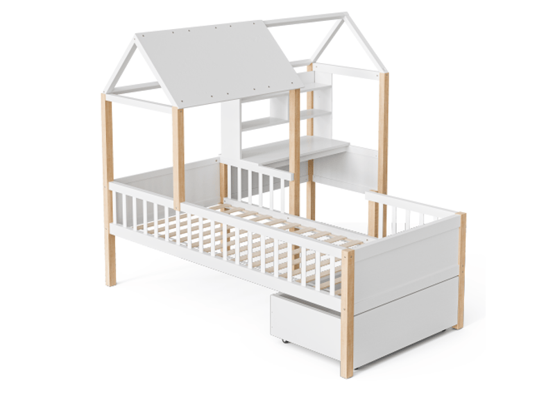 Lit cabane 90x200 cm, lit enfant avec 1 tiroir, bureau en l et bibliothèque, barrière de sécurité, sans matelas, blanc - Conforama E