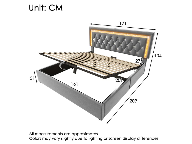  Lit coffre 160x200 cm avec bande led, station de charge usb et type-c, velours gris avec matelas  - Conforama E
