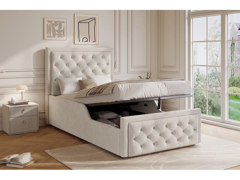  Lit coffre hydraulique 90x200 cm beige en velours avec sommier, grand rangement et tête de lit rembourrée  - Conforama B