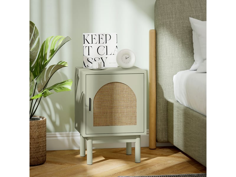  Table de chevet avec porte en rotin, étagère réglable et pieds en bois, style bohème, 40 x 35 x 58 cm, vert clair  - Conforama D