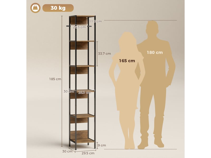  Bibliothèque verticale gain de place, 6 étagères, 29,5 x 30 x 185 cm, marron  - Conforama E
