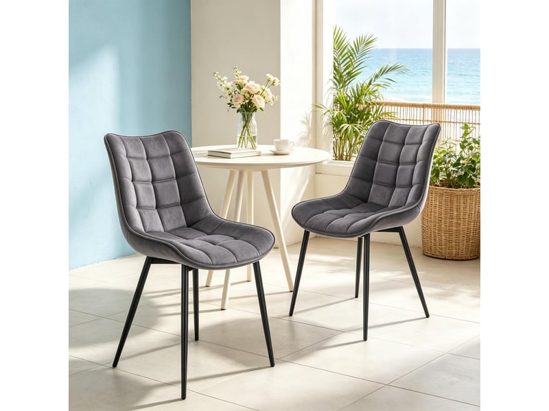  Chaise de salle à manger 2 pièces en velours avec dossier ergonomique et pieds métalliques gris foncé  - Conforama B