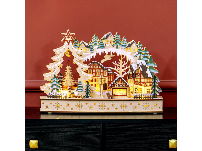  Village de noël lumineux, village de noël animé en bois, avec 20 led, paysage enneigé, 45l x 12l x 30h cm, bois naturel  - Conforama D