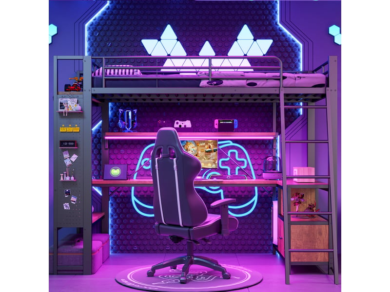  Lit mezzanine 90 x 200 cm, structure métal, led, bureau, étagères, panneau perforé, usb, sans matelas, noir  - Conforama D