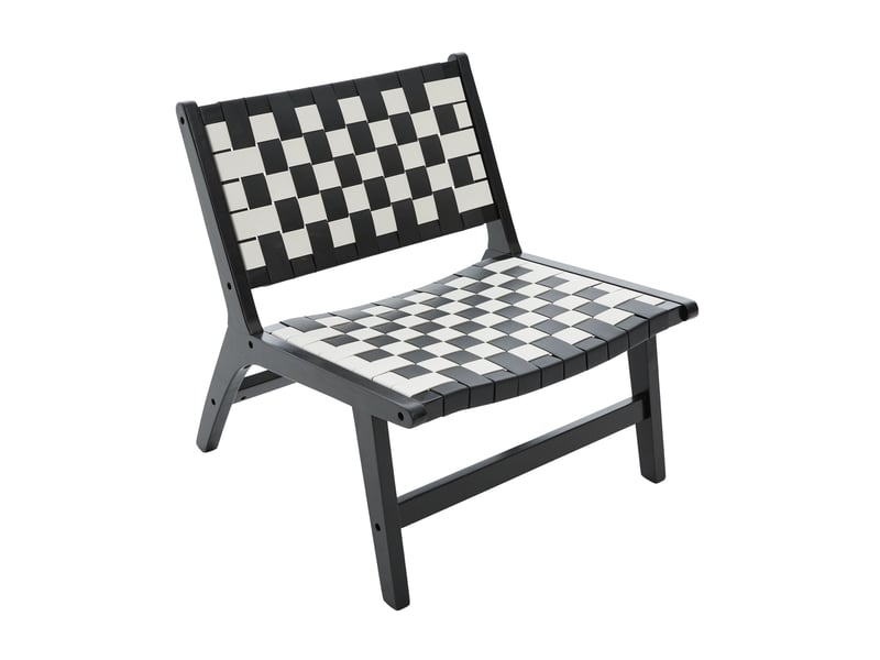  Fauteuil sans accoudoirs tressé à motif damier, assise basse compacte pour salon, en bois et pu noir  - Conforama A